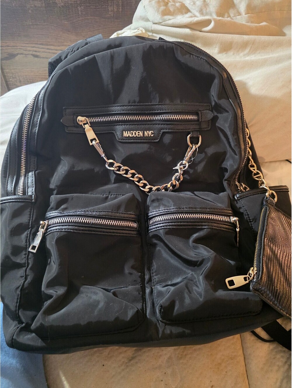 New Madden NYC Black Nylon Backpack with Chain and Pouch